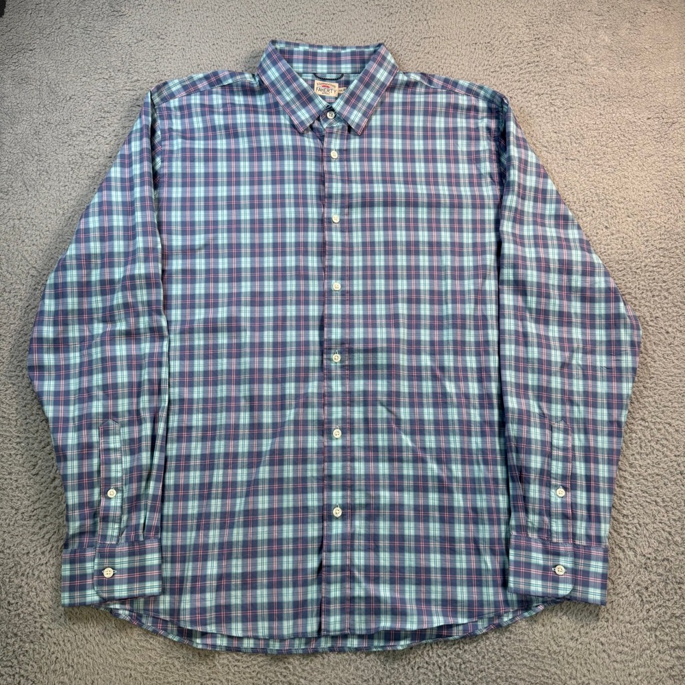 Faherty Brand Mens XXL Plaid Button Up Shirt Blue Teal Supima Cotton Stretch